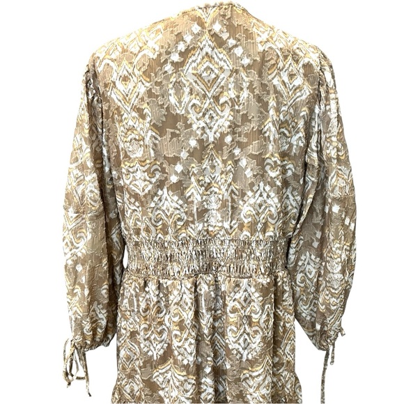 Cupio Boho Smocked Ikat Midi Dress Tiered Flowy V Neck Brown Tan XL NWT - Picture 7 of 16